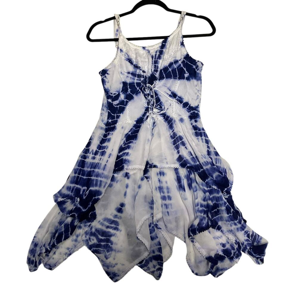 Advance Women's Boho Laceup Fairy Cottagecore Blue Tie Dye Top